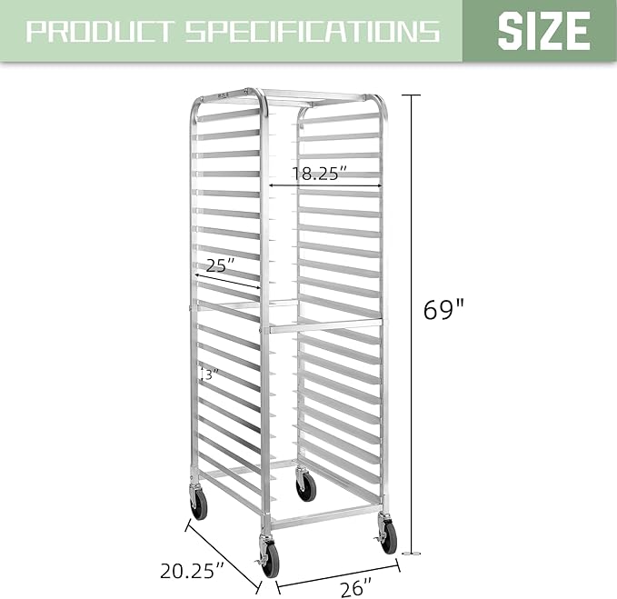 HALLY SINKS & TABLES H Bun Pan Rack 20 Tier with Wheels, Commercial Bakery Racking of Aluminum for Full & Half Sheet - Kitchen, Restaurant, Cafeteria, Pizzeria, Hotel and Home, 26" L x 20" W x 69" H