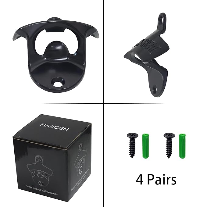 Classic Black Wall Mount Beer Bottle Opener, Rust-free Wall Hanging Beer Bottle Cap Opener for Bar Patio Hotel (4 Packs)