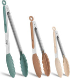 HOTEC Premium Stainless Steel Locking Kitchen Tongs with Silicon Tips, Set of 3-7", 9" and 12" (Neutral Color)