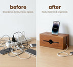 Wooden Cable Management Box for Power Strips, Desk Cord Organizer for Home Office & TV Stand, Hidden Cable Storage with Phone Stand