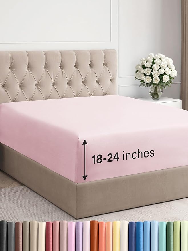 Extra Deep Queen Fitted Sheet - Hotel Luxury Single Fitted Sheet Only - Easily Fits 18 inch to 24 inch Mattress - Ultra Soft, Wrinkle Free with Extra Deep Pockets - Breathable & Comfy - Lavender Pink