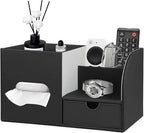 Leather Nightstand Organizer with Tissue Holder,Square Tissue Box Cover with Organizer, Decorative Modern Facial Paper Storage Box for Bathroom Living Room Vanity Table Countertop Office Black