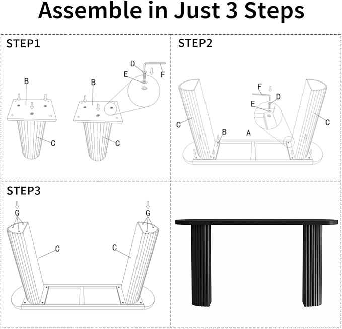 55" Fluted Console Table with Solid Wood Legs, Long Farmhouse Entryway Table with Rounded Corners, Morden Sofa Tables Behind Couch for Foyer, Entrance, Living Room, Hallway, Black