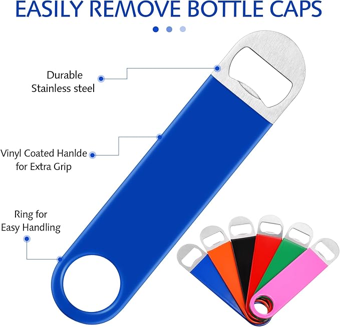 24 Pack Stainless Steel Flat Bottle Opener Bulk Heavy Duty Bartender Beer Openers Rubber Coated Beer Bottle Opener 7 Inch Beer Can Opener for Men Women Bar Kitchen Restaurant Party Supplies, 6 Colors