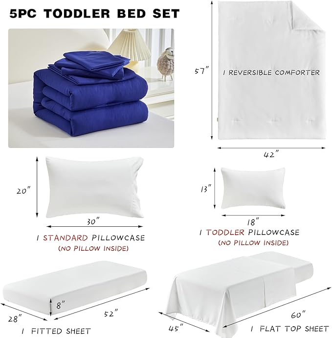 Toddler Bedding Set - 5 Piece Soft and Breathable Toddler Bed Set for Boys and Girls, Includes Quilted Comforter, Fitted Sheet, Flat Top Sheet, Standard Pillowcase and Toddler Pillowcase, Navy