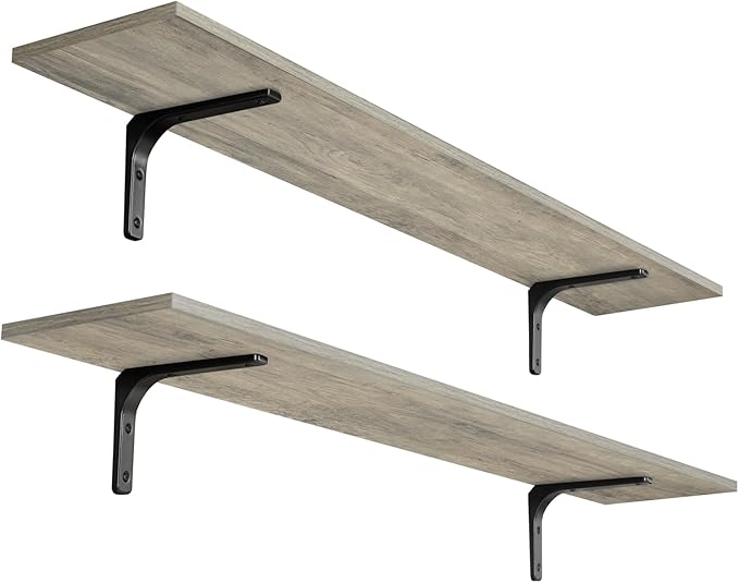 DINZI LVJ Long Wall Shelves, 47.3Inch Wall Mounted Shelves Set of 2, Extra Large Floating Storage Ledges with Sturdy Metal Brackets for Living Room, Bathroom, Bedroom, Kitchen, Gray Wash