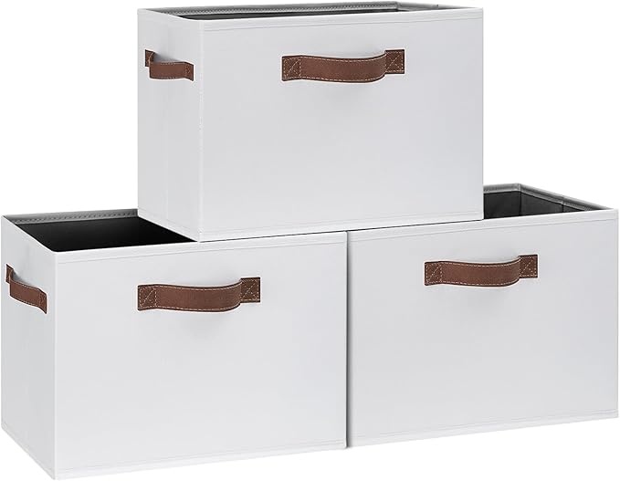 GhvyenntteS Large Fabric Storage Bins with 3 Handles, 15x11x9.6 Inch Storage Baskets for Shelves, Foldable Closet Storage Bins for Shelves, Closet Organizers and Storage Boxes, White
