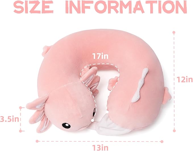 Niuniu Daddy Axolotl Kids Travel Pillow Road Trip Essentials for 9-12 Years Old - Soft Memory Foam Kids Neck Pillow for Airplane Travel Sleeping Essentials- Luminous Cervical Neck Pillow for Adults