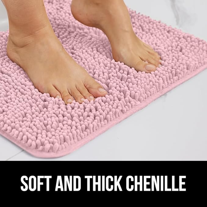 GORILLA GRIP Plush Absorbent Shaggy Chenille Bath Rug Mat for Oval Toilet Base with Rubber Backing, Machine Washable Rugs, Soft Microfiber Contour Mats for Toilets, Bathroom Decor, Lt Pink