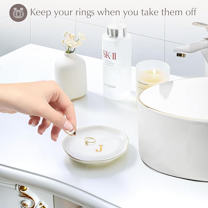 ProCase Ceramic Jewelry Tray, Initial Ring Dish Trinket Plate Engagement Gift, Small Personalized Monogram Ring Bowl for Wedding, White Decorative Jewelry Holder for Women Vanity -Letter J