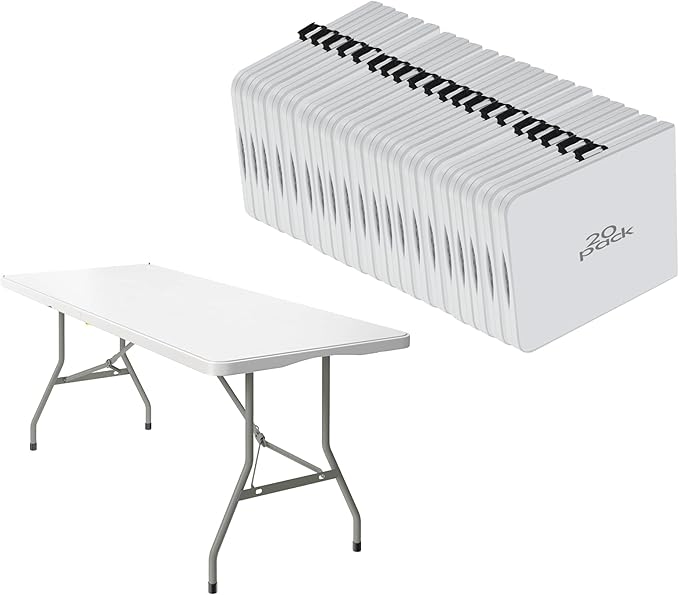 20 Pack of 6 Foot Foldable Table with Built in Handle & Steel Legs ,Heavy Duty Portable ,Perfect for Party, Dining, Wedding, Events, Picnic Indoor, Outdoor, Camping, Utility, Folding(white-20pac)