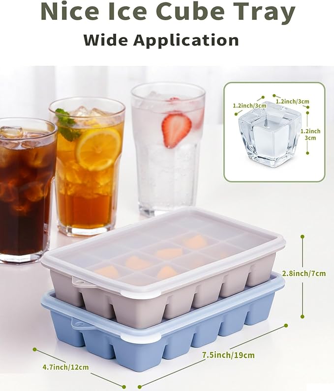 Silicone Ice Cube Tray with No-Spill Lid for Freezer, Easy Release Silicone Ice Trays with Cover, Compact for Kitchen, RV Freezer, Nice Ice for Coffee,Cocktail, Whiskey.