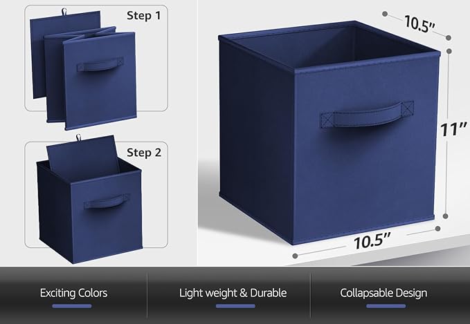 Sorbus Foldable Storage Cubes - 6 Fabric Baskets for Organizing Pantry, Closet, Shelf, Nursery, Playroom, Toy Box, Cubby -11 Inch Dual Handle Collapsible Closet Organizers and Storage Bins (Navy Blue)