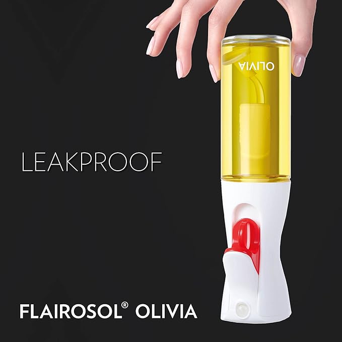 OLIVIA. The Original Advanced Oil Sprayer for Cooking, Salads, BBQs and More, Continuous Spray with Portion Control, Trusted by Chefs. Patented Technology. (Glass Bottle) (White Print)
