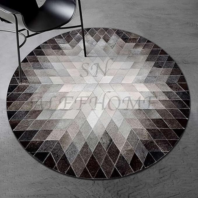 Cowhide Hairon Leather Round Rug, Geometric Patterned Circle Carpet for Living Room, Bedroom, Hall, Brown, 4×4ft