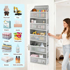 Over The Door Storage Organizer with 5 Extra Large Pockets & Side Mesh Pouches, Hanging Closet Door Organizer for Bedroom, Baby Nursery Storage, Anti-Tilt Design, Fits 1.6" Doors-Gray