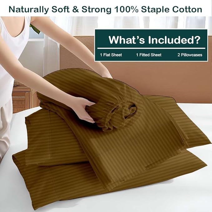 NON Sticky cotton Twin Size Sleeper Sofa Sheets, 4 Piece Egyptian Cotton Bed Sheet Set for Sofa Bed, 10" Deep Pocket for Pull Out Couch Mattress, 39" x 75", Taupe Stripe, Soft & Breathable