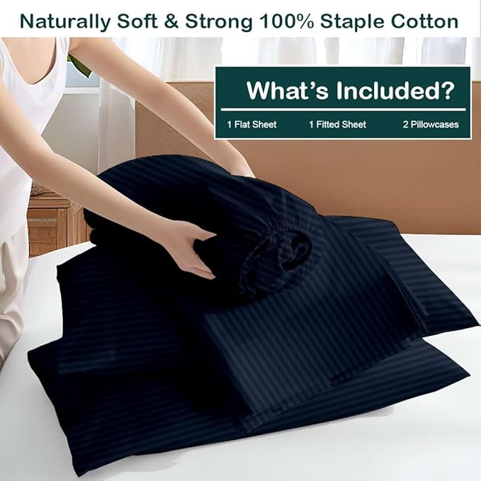 NON Sticky cotton Twin Size Sleeper Sofa Sheets, 4 Piece Egyptian Cotton Bed Sheet Set for Sofa Bed, 10" Deep Pocket for Pull Out Couch Mattress, 39" x 75", Navy Blue Stripe, Soft & Breathable