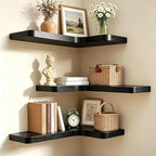 Floating Corner Shelves, Wall Shelf Set of 3, Shelves for Wall Storage, Solid Wood Shelves for Storage, Wall Mount Wooden Display Shelf for Bathroom Bedroom Kitchen Garage (Black 3 Pcs)