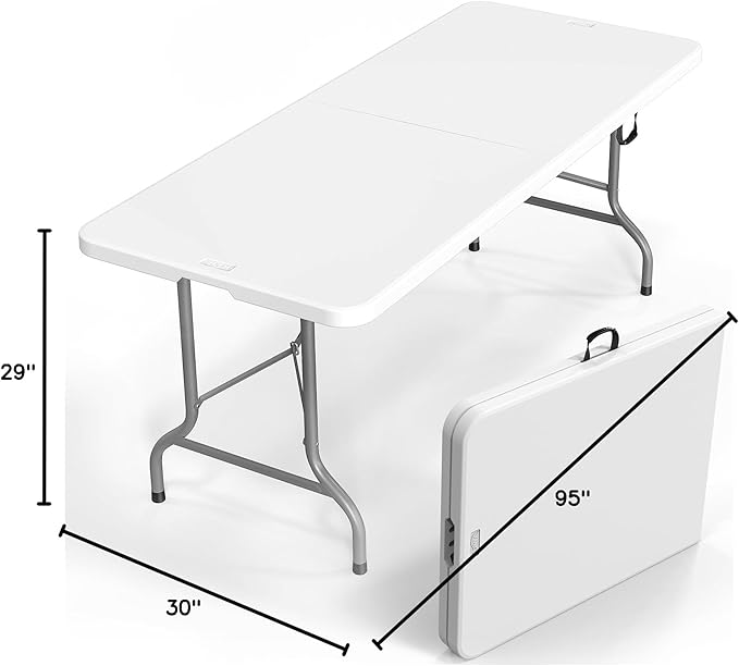 VINGLI 8 Foot Plastic Folding Table Portable Long Table for Indoor Outdoor Use Rectangular with Carrying Handle，White