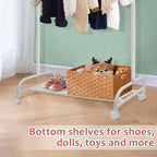 YGJT Kids Clothing Rack, Baby Clothes Racks for Hanging Clothes with Wheels and Bottom Storage Shelf, Small Toddler Garment Rack Kids Dress Up Storage Wardrobe for Coats, Skirts, Dance Costume(White)