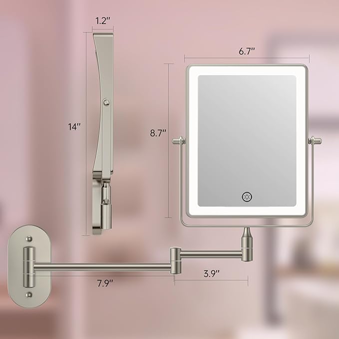 FASCINATE 5000mAh Rechargeable Wall Mounted Makeup Mirror, Bathroom Mirror Rectangle 8.7" Double Sided Touch Switch 1X 30X Magnifying, 3 Color Setting, Extended Arm 360° Swivel Foldable Nickel