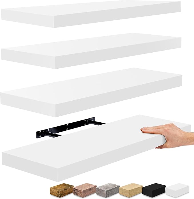 Sorbus Floating Shelves for Wall - 24" Bathroom Shelves, Wall Decor for Bedroom, Kitchen, Living Room, Home Decor & Book Storage - Mounted Floating Shelf with Invisible Brackets (White, 4 Pack)