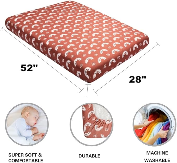 4 Pack Crib Sheets Boho Nursery Sheets Sunshine and Rainbow Desdign Neutral Unisex Fitted Baby Standard Crib Sheets for Baby Boys or Girls (Crib Sheets)