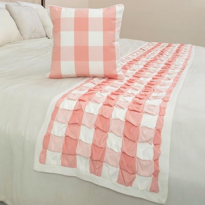 The HomeCentric King/Queen/Twin Peach Pink Decorative Full 68"x18" Bed Runner with 2 Pillow Cover, Textured & Buffalo Checks Bed Scarf on Cotton Fabric - Buffalo Plaid Peach