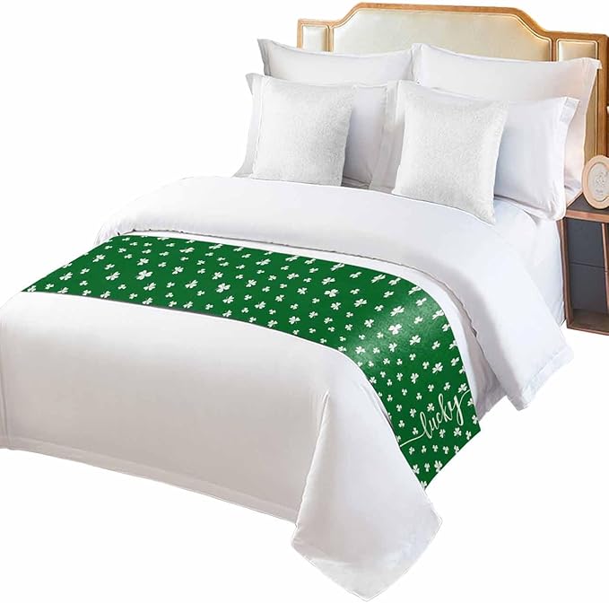 St Patrick's Day Lucky Leaves Bed Runners for Bedroom Hotel,Decorative Bedding Scarf White Shamrock on Green Bed End Blanket Bedding Runner Scarves for Twin Size Bed,71x20in
