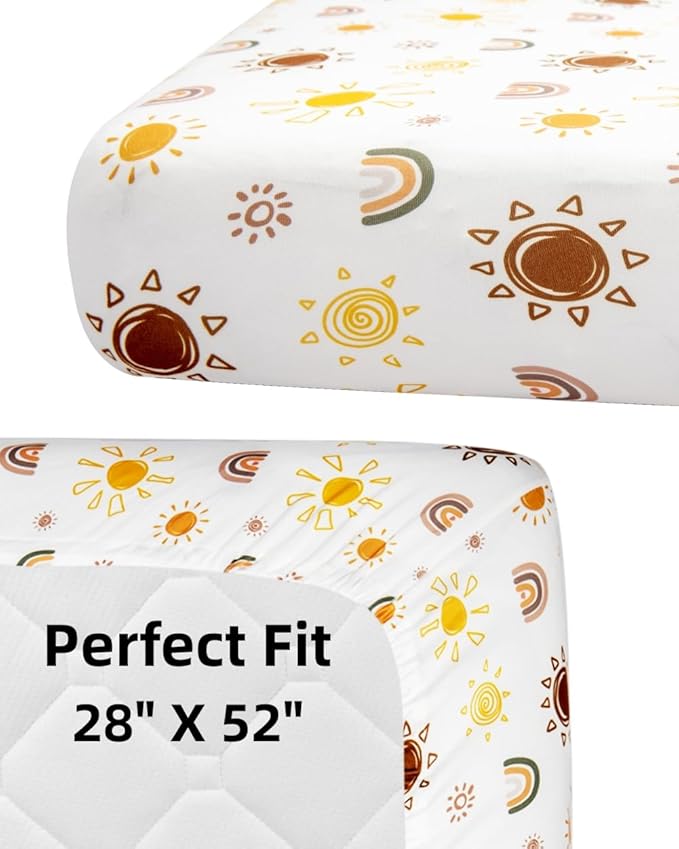 4 Pack Crib Sheets Boho Nursery Sheets Sunshine and Rainbow Desdign Neutral Unisex Fitted Baby Standard Crib Sheets for Baby Boys or Girls (Crib Sheets)