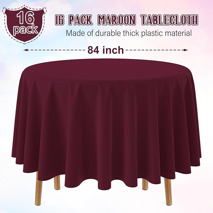 16 Pack Maroon Plastic Tablecloth for Round Tables, Premium Decorative Burgundy Disposable Table Cloths for Parties, Maroon Round Party Table Cover for Birthday Anniversary Graduation, 84 Inch
