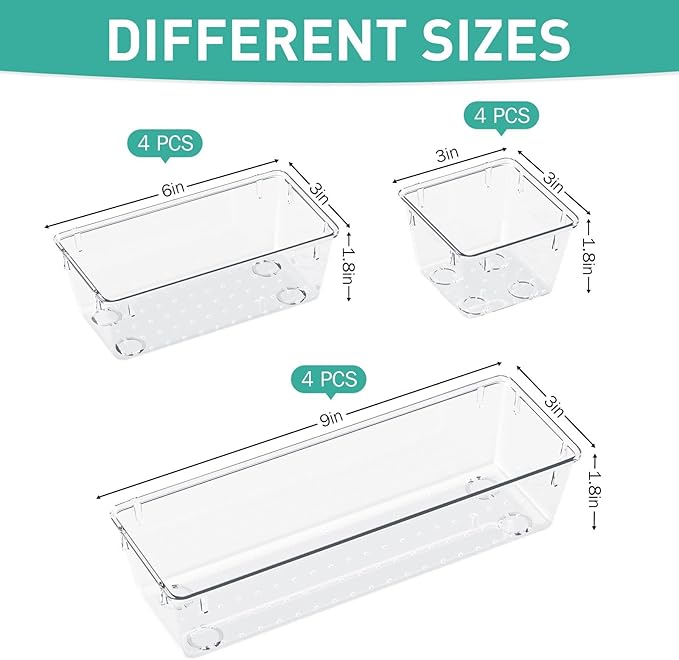 WOWBOX 9 Pack Clear Drawer Organizer Set, Acrylic Drawer Storage Trays, Storage Bins for Makeup, Cosmetics, Jewelries, Utensils, Gadgets, Office