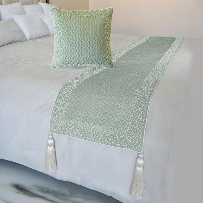 The HomeCentric King/Queen/Twin Blue Designer Queen 74"x18" Bed Runner with 2 Pillow Cover, Mosaic, Bead Embroidery, Handmade, Tassels Bed Scarf on Jacquard Fabric - Tessellation Blue