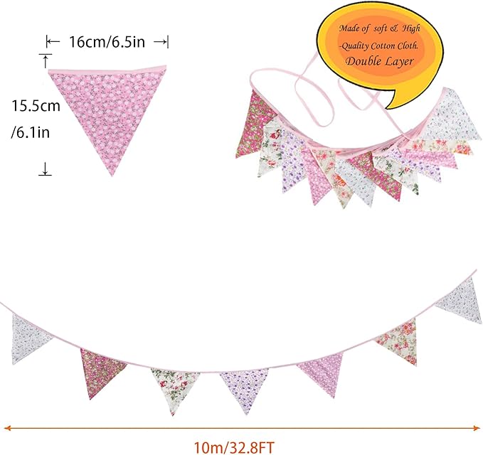 Zwiebeco 32Ft Pink Purple Rustic Floral Fabric Pennant Banner Triangle Flags Cotton Retro Flowers Bunting Party Decorations for Birthday Engagement Wedding Spring Vintage Village Home Garden Decor