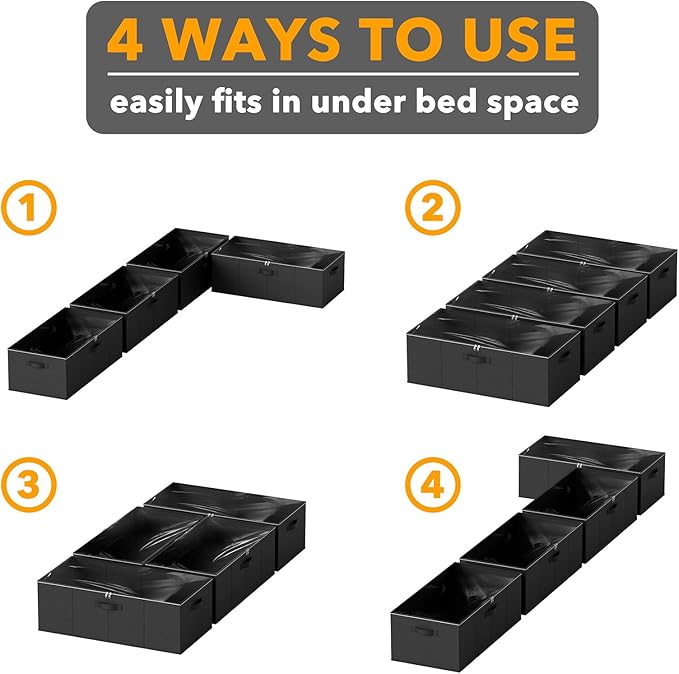 SpaceAid 4 Pack 10" High Under Bed Storage Containers, Large Underbed Storage Organizer Bins with Lids for Bedroom, Dorm, Clothes, Closet Organization, Bed Sheets and Blankets (Black)