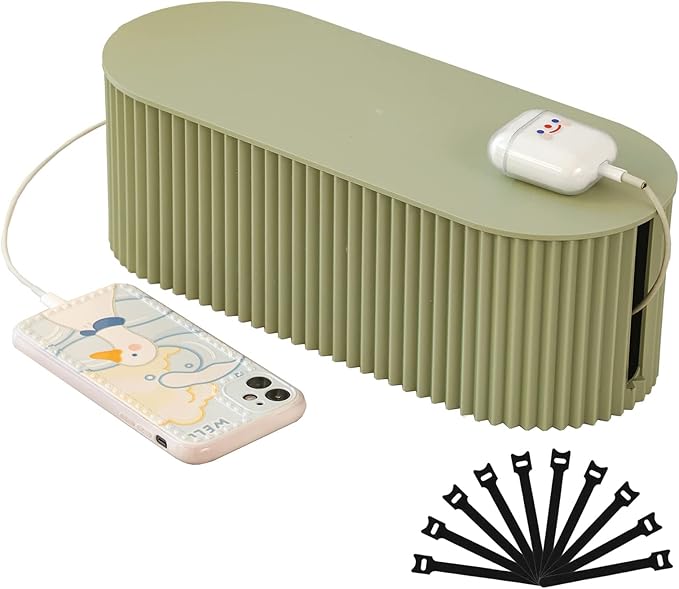 FABROK Cable Management Box, Cord Organizer Box with 10 Cable Ties, Power Strip Storage to Hide Charger Adapter Power Cord Charging Station(Small/Green)
