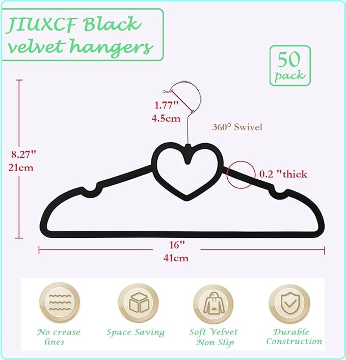 Black Velvet Hangers 50 Pack, 16" Non Slip Adult Hangers, Slim Clothes Hanger with 360 Degree Swivel Hook - Durable & Cute