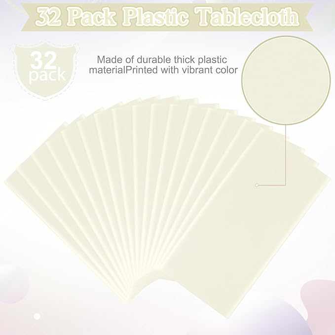 32 Pack Beige Plastic Tablecloth for Rectangle Tables, Premium Decorative Ivory Disposable Table Cloths for Parties, Rectangle Cream Party Table Cover for Birthday Wedding Baby Shower, 54x108 Inch