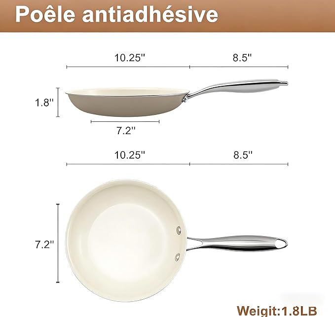 11 Inch Ceramic Nonstick Frying Pan Skillet - PFAS-Free, Non-Toxic, Oven Safe & Induction Ready, Aluminum Cookware with Stainless Steel Handle