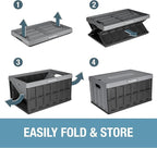 CleverMade Collapsible Storage Bins with Lids, 62L – Heavy Duty Foldable Plastic Storage Crates for Garage, Closet & Trunk Organization - Stone