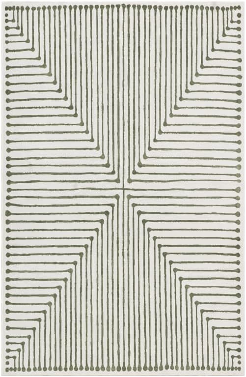 GLN Rugs Contemporary Collection - Machine Washable Area Rug, Contemporary Washable, Non Slip, Low Pile Chenille Rug, Living Room, Bedroom, Kitchen Rug (3' x 5' Green Beige)