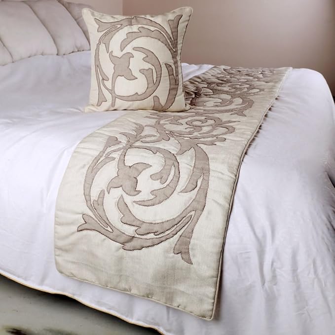 The HomeCentric Handmade Ivory & Beige King 90 x 18 inch Bed Runner with Matching Pillow Cover, Linen Lurex Applique Bed Scarf, Abstract Modern - Pretty Dainty
