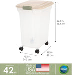 IRIS USA Airtight Dog Food Storage Container, WeatherPro, Up to 40 lbs, Removable Wheels, for Dog Cat Bird and Other Pet Food Storage Bin, Keep Fresh, Translucent Body, Made in USA, Clear/Almond