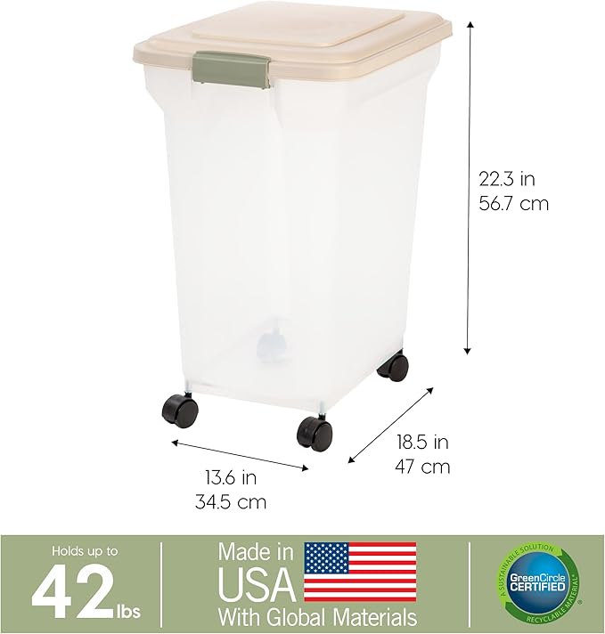 IRIS USA Airtight Dog Food Storage Container, WeatherPro, Up to 40 lbs, Removable Wheels, for Dog Cat Bird and Other Pet Food Storage Bin, Keep Fresh, Translucent Body, Made in USA, Clear/Almond