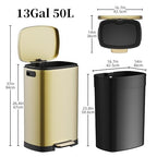 KdbK 13 Gallon Trash Can with Lid, 50L Fingerprint Proof Stainless Steel Kitchen Trash Can with Removable Inner Bucket and Lid Soft Close, Pedal Rubbish Bin for Home Office, Gold