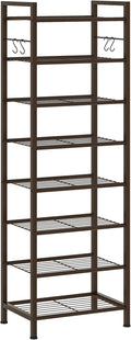 usikey 8 Tiers Narrow Shoe Rack 16-24 Pairs, Sturdy Metal Tall Shoe Rack with 4 Hooks, Slim Shoe Storage Organizer with Metal Shelf, Space Saving Vertical Shoe Shelf for Entryway BronzeUNYXJX016A