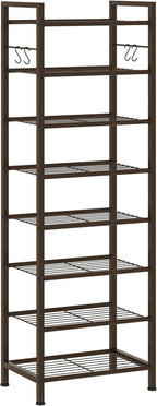 usikey 8 Tiers Narrow Shoe Rack 16-24 Pairs, Sturdy Metal Tall Shoe Rack with 4 Hooks, Slim Shoe Storage Organizer with Metal Shelf, Space Saving Vertical Shoe Shelf for Entryway BronzeUNYXJX016A