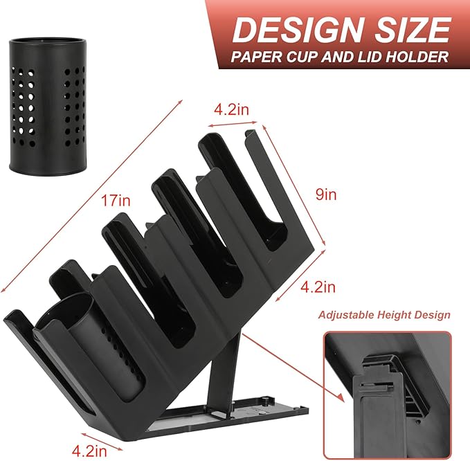 Paper Cup and Lid Holder with Straw Organizer,4 Compartment Adjusting,Coffee Cup Dispenser for Countertop,Coffees Station,Bar Restaurant,Black