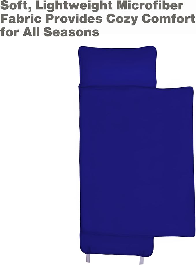 EVERYDAY KIDS Nap Mat with Removable Pillow - Navy - Carry Handle with Straps Closure, Rollup Design, Soft Microfiber for Preschool, Daycare, Travel Sleeping Bag - Ages 3-6 Years